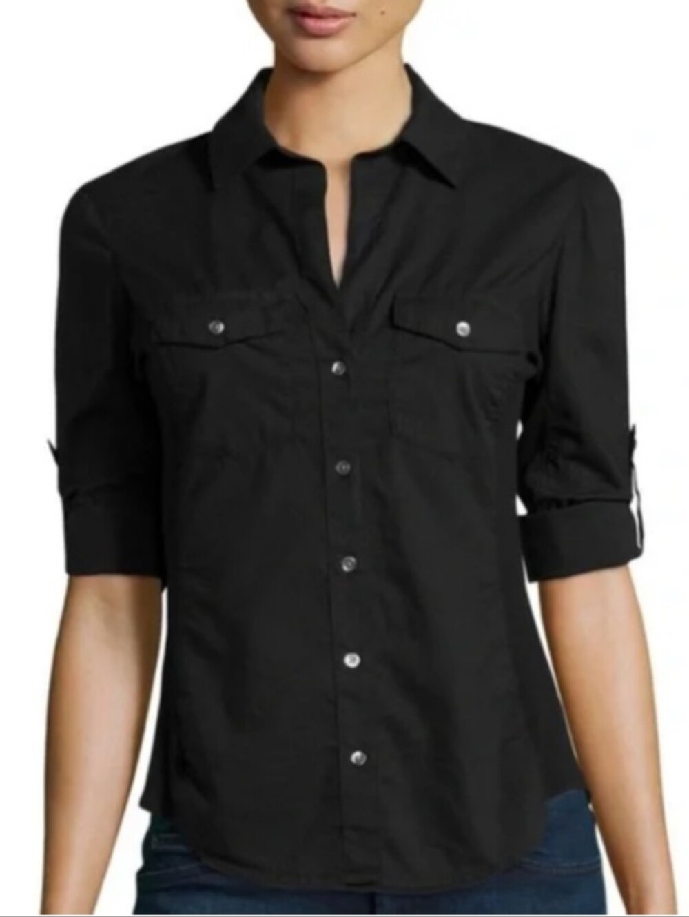 James Perse Black Cotton Button Down 3/4 Sleeves